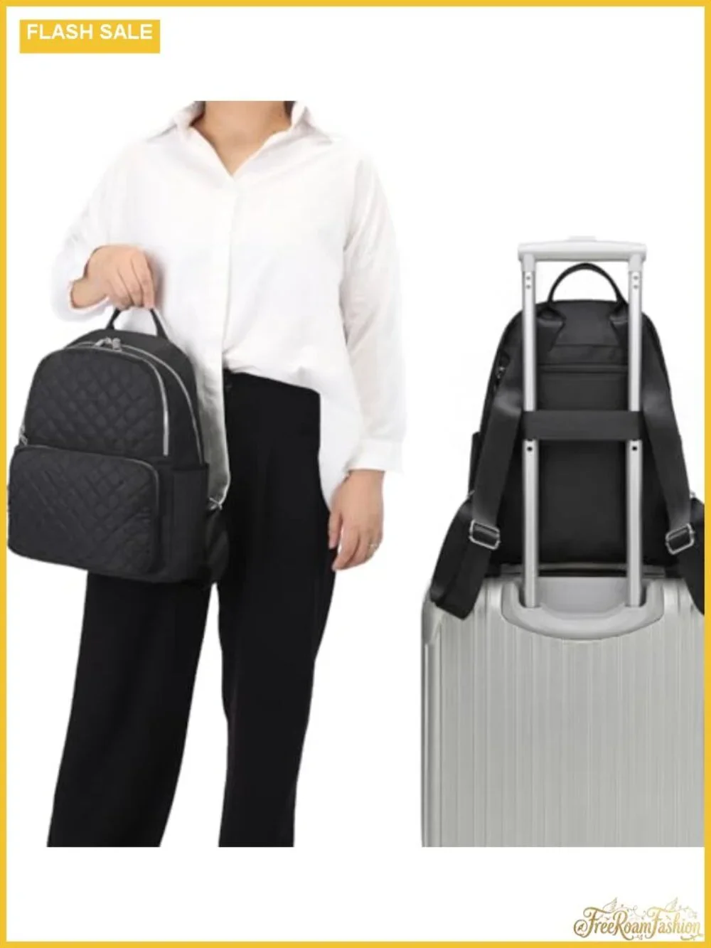 Women's Quilted Nylon Travel Backpack, Lightweight Daypack with Silver Zippers